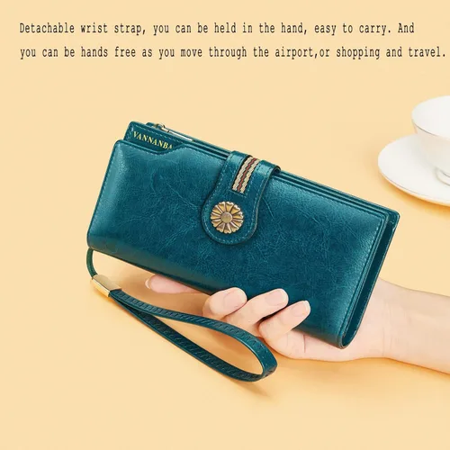 Miniatura 5 de VANNANBA Cartera larga y grande para mujer, de piel encerada con aceite RFID, cartera organizada, Azul eléctrico