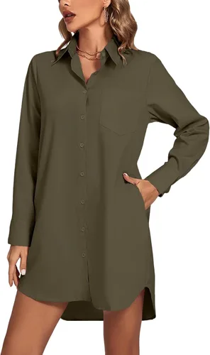 LYANER Vestido camisero para mujer con cuello en V, botones, manga larga y dobladillo curvado
