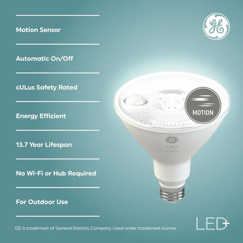 Miniatura 2 de GE LED+ Bombillas de luz LED con sensor de movimiento, 14W, focos de inundación de seguridad para exteriores PAR38, blanco cálido, CAC (paquete de 2)