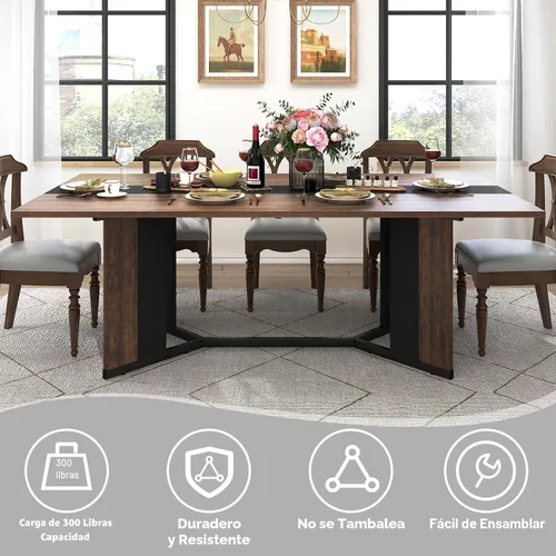 Miniatura 6 de Hlivelood - Mesa de comedor de 71 pulgadas para 6 personas, mesa de cocina rectangular moderna color marrón con superficie de madera impermeable