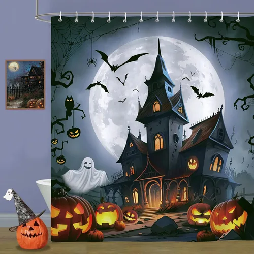 Bonhause Cortina de ducha de Halloween, castillo espeluznante, fantasma, calabaza, farol, murciélago, luna llena, cortina de baño de 72 x 72