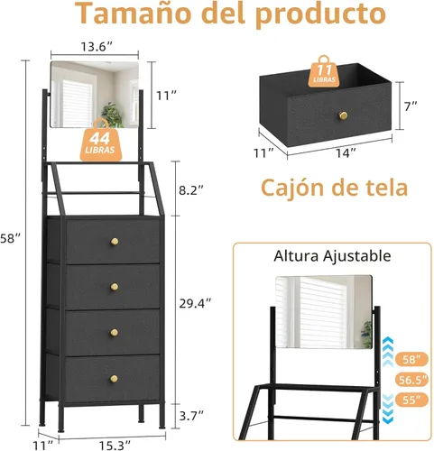 Miniatura 2 de HIGDBFE Cómoda de 4 cajones con espejo, tocador con estantes de 2 niveles, cómoda de tela para espacios pequeños, armario de almacenamiento vertical