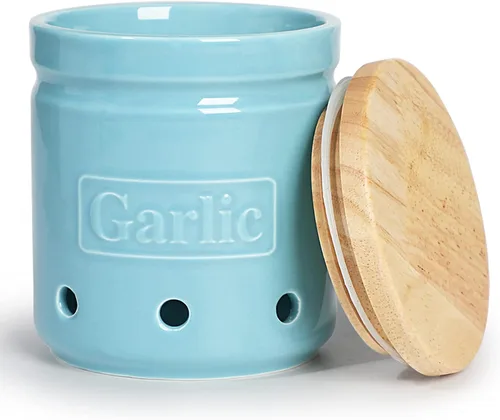 Miniatura 8 de Conservador de ajo ONTUBE con tapa de madera, recipiente de almacenamiento de ajo de cerámica de 4.5 pulgadas, recipiente de ajo para cocina, Azul