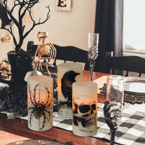 Miniatura 7 de Wondise Velas parpadeantes sin llama de Halloween con temporizador de 6 horas, velas LED de cera real que funcionan con pilas, juego de 3 velas