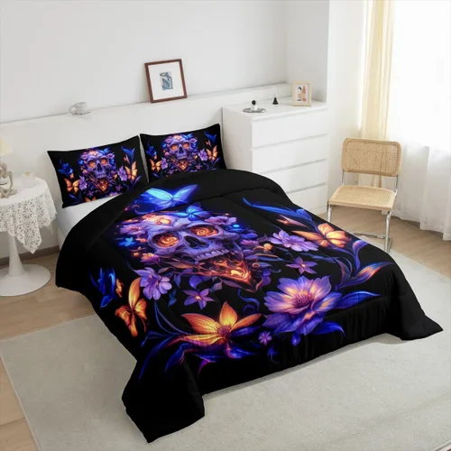 Miniatura 5 de Erosebridal Juego de ropa de cama de calavera gótica, flores mandala, mariposa hippie para niñas y niños, edredón de esqueleto de la muerte de Negro