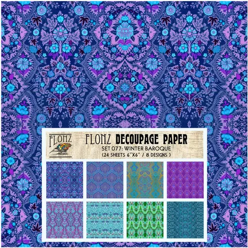 Paquete de Papel para Decoupage (24 Hojas 15x15 cm) Winter Baroque FLONZ Papel Vintage con Estilo para Decoupage, Manualidades y Álbum de Recortes