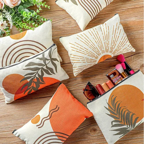 Miniatura 7 de Pinkunn 6 bolsas de maquillaje bohemias de lona para cosméticos, bolsa de maquillaje para monedero, Sunshine Ray, retro, de lino natural