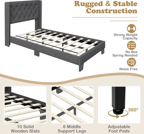 Miniatura 6 de Giantex Base de cama individual para niños, cama tapizada de tela moderna con cabecera capitoné con botones en la parte trasera de alas, base