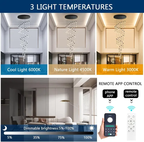 Miniatura 3 de Candelabro de Techo Alto de 197" de Largo con 30 Luces, Lámpara LED Moderna de Cristal Burbuja Regulable con Montaje al Ras, Luz Colgante de Techo