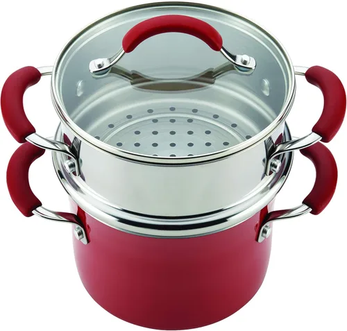 Miniatura 4 de Rachael Ray juego de ollas esmaltadas cubiertas de antiadherente con vaporera, Rojo arándano