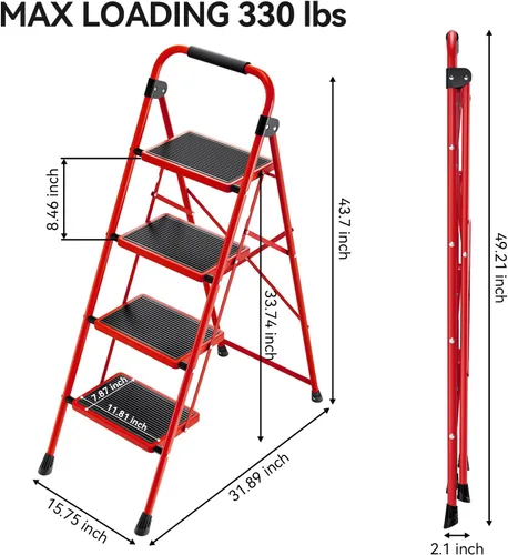 Miniatura 6 de KINGRACK Escalera plegable de 4 escalones, escalera de acero de seguridad resistente de alta resistencia con pasamanos y pedales anchos para Rojo