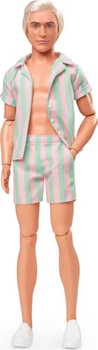 Miniatura 4 de Barbie The Movie Ken Doll con juego de playa a rayas rosa pastel y verde con tabla de surf y zapatillas blancas