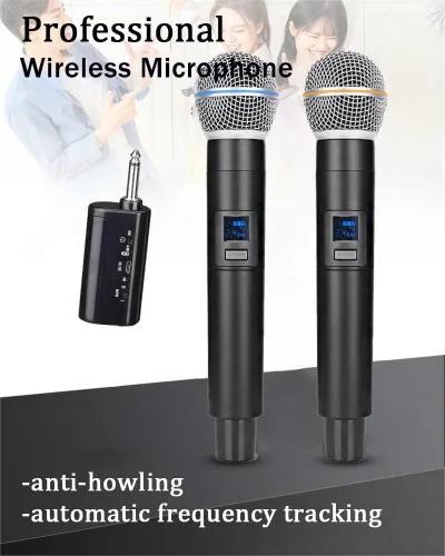 Micrófono inalámbrico 2.4G, micrófonos duales para karaoke, micrófono dinámico inalámbrico con receptor recargable, plug and play, adecuado para
