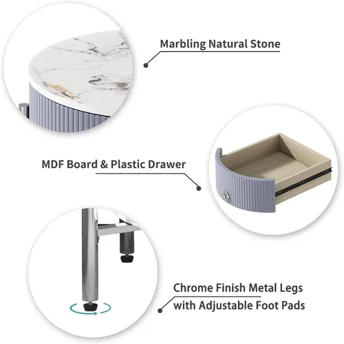 Miniatura 4 de OIOG Mesa auxiliar redonda con cajón, mesita de noche moderna con estante y patas de metal con acabado cromado, mesa esquinera de 2 niveles