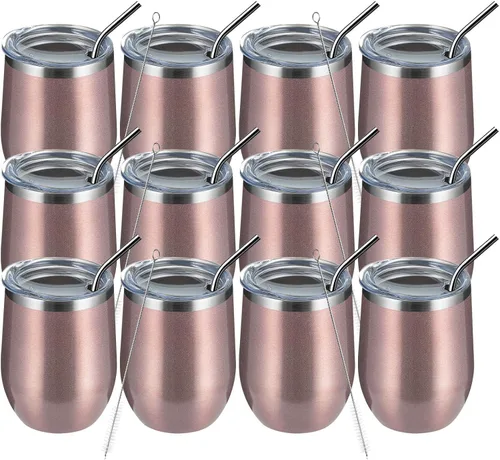Miniatura 37 de MEWAY Vaso de vino sin tallo de 12 onzas con tapa, vaso de viaje de acero inoxidable con aislamiento de doble pared al vacío con popote, para Negro