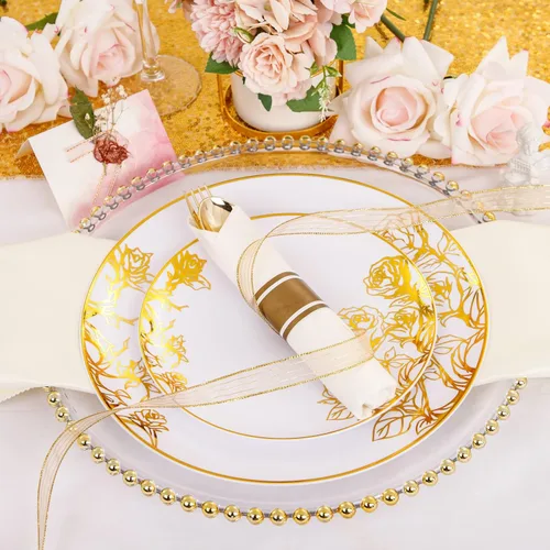 Miniatura 7 de DaYammi 210 platos de plástico dorados, vajilla desechable floral de oro blanco que incluye 30 platos llanos, 30 platos de ensalada, 30 servilletas