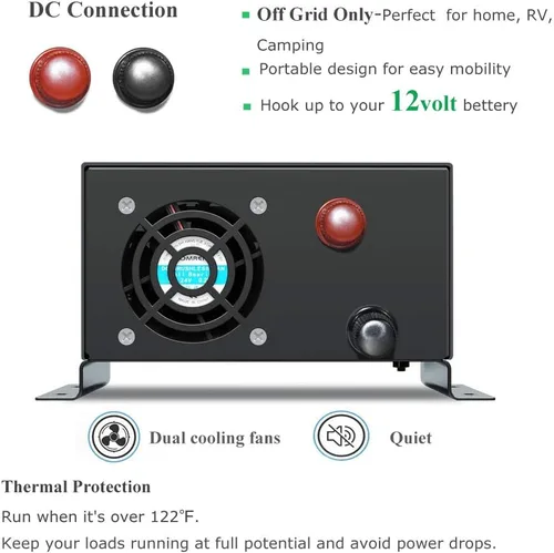 Miniatura 4 de WZRELB Inversor de corriente de onda sinusoidal pura de 500 W 12 V 120 V con 2 salidas de CA con control remoto con cable (RBP-50012WR)