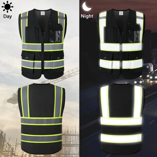 Miniatura 6 de Chaleco de seguridad Hi Vis para hombre con 9 bolsillos, malla reflectante, chaleco de construcción de alta visibilidad, cumple con las normas