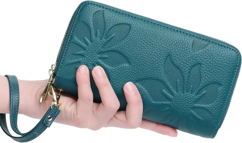 Miniatura 5 de GOIACII Cartera de mujer de gran capacidad con doble cremallera para mujer, soporte para teléfono con bloqueo RFID, correa de cuero, A02 Verde
