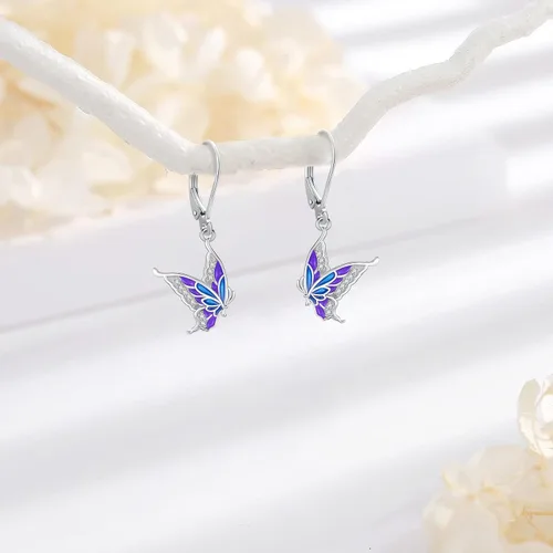 Miniatura 302 de Aretes colgantes de plata de ley con diseño de árbol de la vida, flor, abeja, animales, gato, colibrí, piedra lunar, turquesa, aretes con cierre