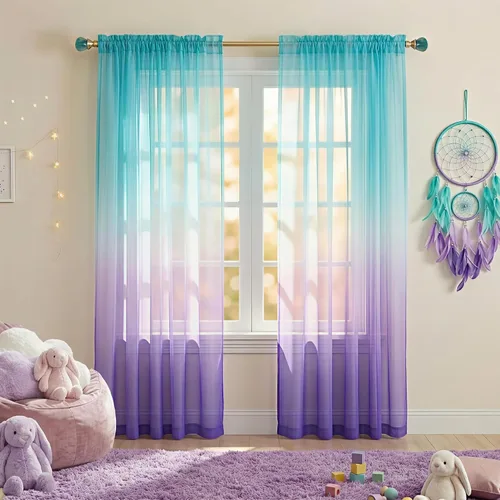 Miniatura 15 de Cortinas rosas y verdes para decoración de dormitorio de sirena, juego de 1 panel transparente, con bolsillo para barra, cortinas de sirena