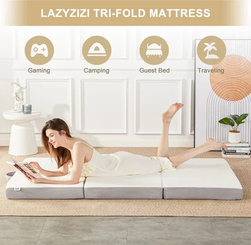 Miniatura 5 de Lazyzizi Colchón plegable, de espuma viscoelástica de 4 pulgadas, triple pliegue con funda de tela de fibra de bambú transpirable, colchón plegable