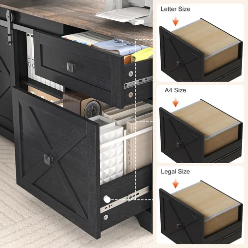 Miniatura 9 de St.Mandyu 55" Farmhouse L Shaped Electric Standing Desk with Sliding Door Storage, Height Adjustable Sit Stand Corner Computer Desk with Power