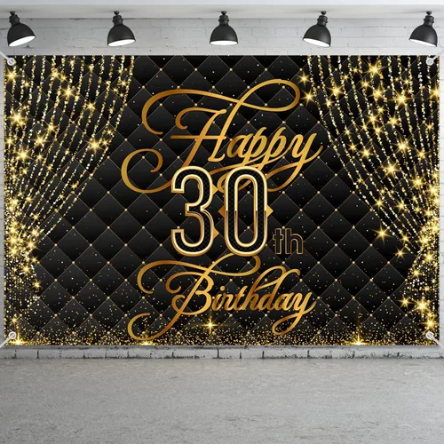 Miniatura 3 de Cartel de feliz cumpleaños 30 años, decoración de cortina real, fondo negro y dorado, cumpleaños de 30 años para mujeres y hombres, suministros