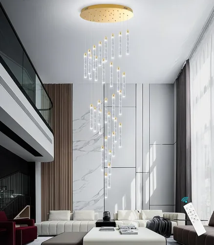 Miniatura 6 de Moderno candelabro LED de 30 luces para sala de estar, comedor y entrada, lámpara colgante dorada de cristal espiral regulable Dorado