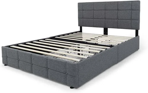 Miniatura 7 de Fencer Wire Base de cama de almacenamiento tapizada con 4 cajones y cabecera ajustable, botón cuadrado cosido acolchonado, marco de cama