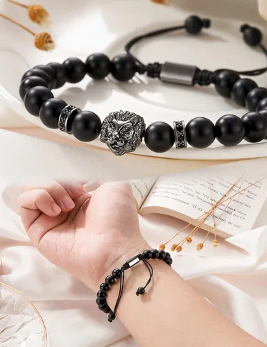 Miniatura 3 de HGDEER Regalos del día del padre para papá, padrastro, abuelo, tío, marido, novio, hijo, hermano, ágata negra y ojo de tigre, pulsera de piedra