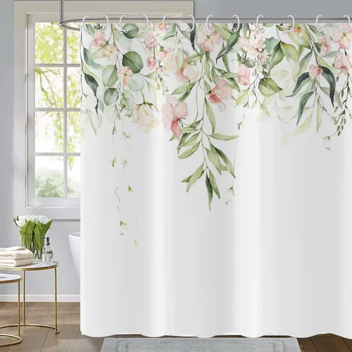 Miniatura 15 de Cortina de ducha de hoja de eucalipto, hojas verde salvia y doradas, plantas de acuarela en la parte superior, cortina de baño de tela con fondo