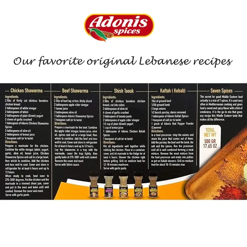 Miniatura 4 de Adonis - Combo de especias de Oriente Medio, 3.53 oz x 5 (Shawarma, Siete especias, Shawarma de pollo, Kaftah, Kebab de pollo)