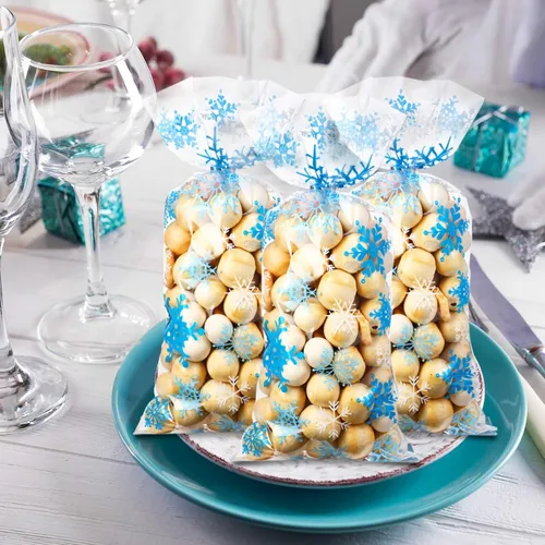 Miniatura 6 de Blulu 200 bolsas de regalo de celofán con copos de nieve de invierno, bolsas de plástico con lazos giratorios para Navidad, país de las maravillas
