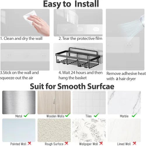 Miniatura 7 de Liuoud Juego de 5 Organizadores de Ducha Adhesivos para Pared, Estante para Interior de Ducha, Cesta de Almacenamiento de Baño Inoxidable Resistente