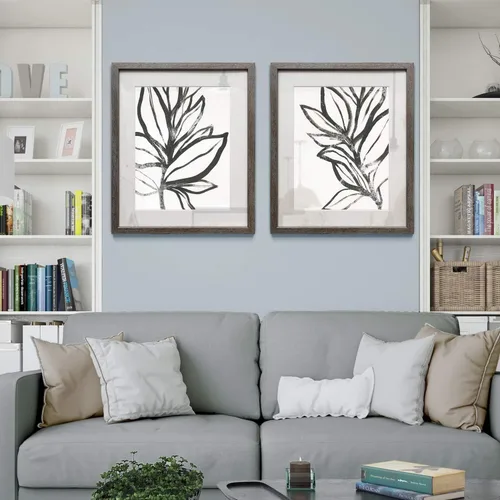 Miniatura 4 de Arte floral para pared, marco rústico de plata envejecida, juego de decoración de pared de 2 piezas: plumeria, caléndula, flores silvestres, Black