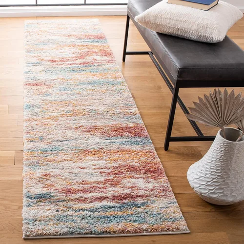 SAFAVIEH Calista Shag Collection - Alfombra para pasillo, 2 pies 3 pulgadas x 7 pies, color beige y aguamarina, diseño abstracto, no desprende