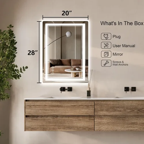Miniatura 7 de Espejo de baño LED de 20 x 28 pulgadas con luz delantera y trasera, espejo de tocador de baño con 3 colores ajustables, luz regulable continua