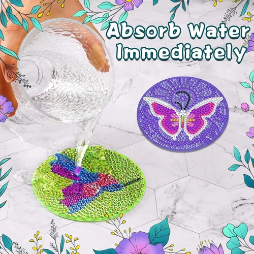 Miniatura 5 de UPINS Kit DIY, Posavasos de Arte de Pintura de Diamantes con Soporte, Juego de 8 Piezas de Posavasos de Colibrí y Mariposa, Suministros de Mariposa