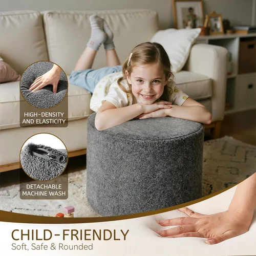 Miniatura 3 de Reposapiés otomano redondo Boucle - Reposapiés suave y ligero con relleno de espuma completa para sala de estar, dormitorio Redondo-gris