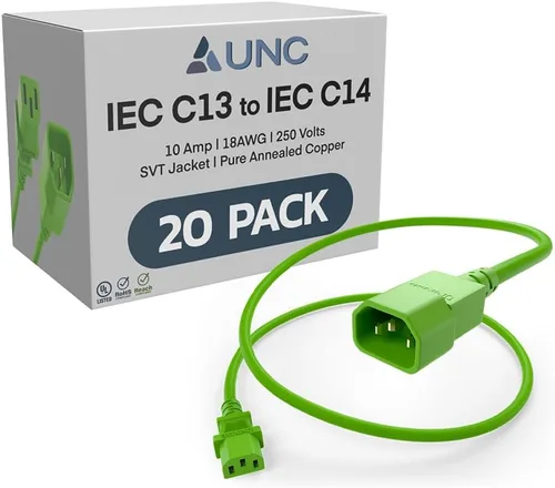 Miniatura 13 de UNC Cable de alimentación PDU C13 a C14, 1.5 pies, paquete de 20 unidades, negro, 10 amperios, SJT 250V, certificación UL, cable de extensión IEC