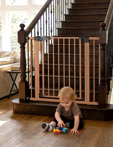 Miniatura 9 de Babelio Puerta de metal para bebés de 29 a 48 pulgadas con patrón de madera marrón, puerta de perro de cierre automático PressGuard P7 para la casa
