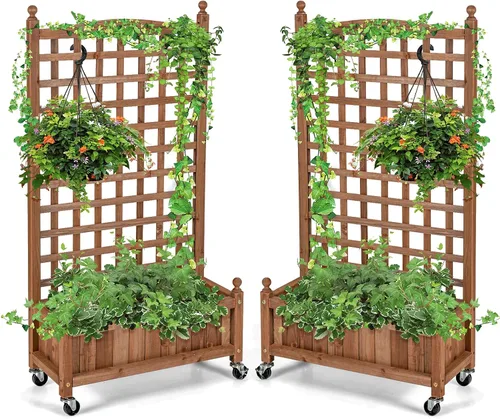 Miniatura 10 de Giantex Cama elevada móvil para plantas, maceta de madera con enrejado y ruedas, caja de flores para escalada de plantas, jardín vertical