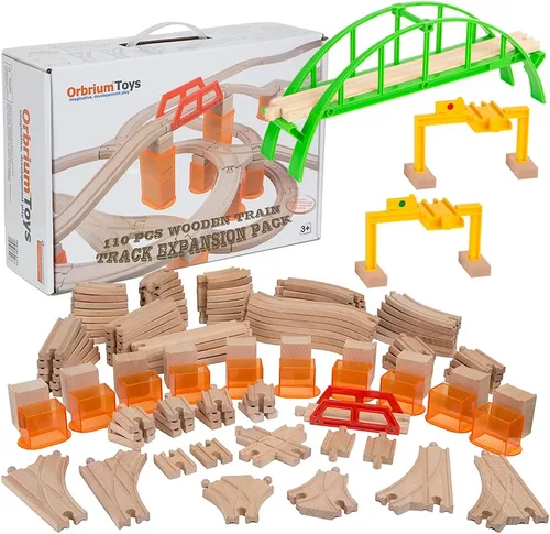 Miniatura 5 de Paquete de expansión para vías de tren Orbrium Toys, 56 piezas de madera con túnel, compatibles con el juego de ferrocarril de madera Thomas Brio
