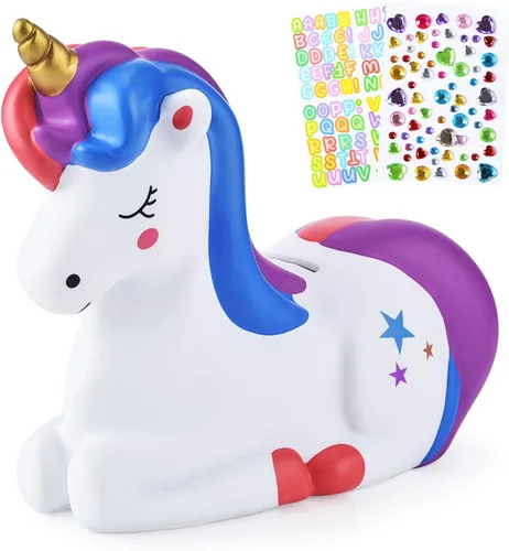 PJDRLLC Piggy Bank Girls: Unicorn Piggy Banks - Banco de dinero de plástico irrompible con calcomanías del alfabeto, color morado