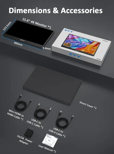 Miniatura 9 de KYY Monitor portátil 4K de 15.6" Monitor portátil para portátil UHD IPS 3840X2160 Pantalla externa con 100% sRGB y HDR Monitor