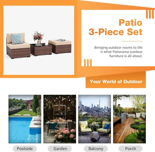 Miniatura 7 de Patiorama Juego de muebles de patio de 3 piezas, sofá seccional para exteriores, juego de conversación de ratán de mimbre de polietileno, silla sin