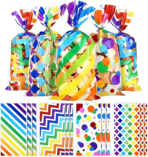 Kesote Bolsas de celofán arcoíris, 100 piezas impresas de plástico para regalo, bolsas de dulces con lazos para verano, niños, suministros de fiesta