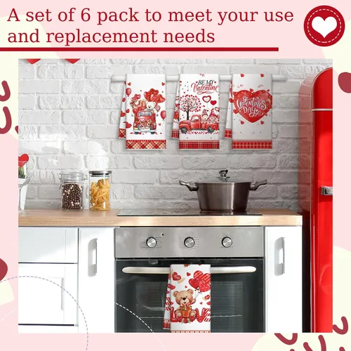 Miniatura 6 de Patelai 6 toallas de cocina para el día de San Valentín, corazones rojos, a cuadros, camión, té, baño, vacaciones, platos, 21.3 x 14.3 pulgadas