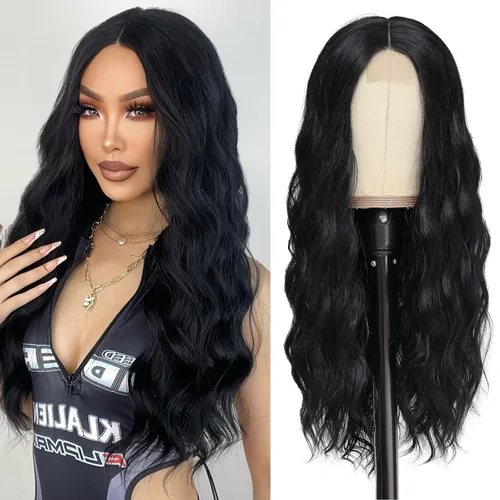 Miniatura 23 de YBYMCAI - Peluca azul larga y ondulada para mujer, parte media, peluca azul degradada de 26 pulgadas, pelo natural rizado sintético, fibra Azul